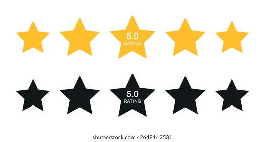 Ilustração vetorial de projetos de classificação de 5 estrelas com estrelas douradas e pretas. Estrela central exibe texto de classificação 5.0. Ideal para análises de produtos, comentários de usuários, sistemas de classificação e elementos de design de interface do usuário.
