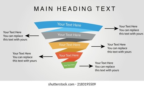 Vector Illustration 5-Step Ribbon Funnel Infographic Design Template With Icons And 7 Options Or Steps. Can Be Used For Process, Presentations, Layout, Banner, Info Graph.