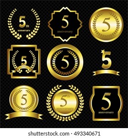 Vector illustration of 5th anniversary. Set. Gold on a black background.