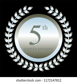 Vector illustration of 5th anniversary. Silver laurel wreath