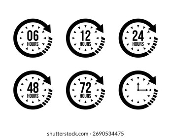 Ilustración vectorial de 6, 12, 24, 48 y 72 horas de iconos de flecha de reloj. Perfecto para representar el tiempo de trabajo, la entrega y los símbolos de duración del servicio. Diseño limpio y moderno aislado en blanco.
