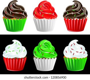 Vector Illustration of 6 Christmas Colored Cupcakes.