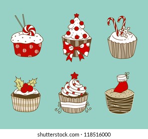 Vector illustration of 6 Christmas cupcakes