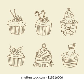 Vector illustration of 6 Christmas cupcakes