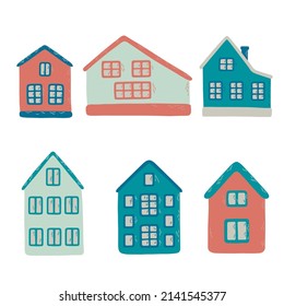 Vector illustration of 6 cute cartoon houses isolated on a white background. Elements for your design.