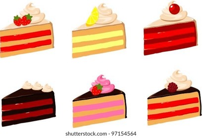 Vector illustration of 6 different kind of cake slices with fruit filling.