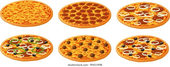 Ilustración vectorial de 6 tipos diferentes de pizza.