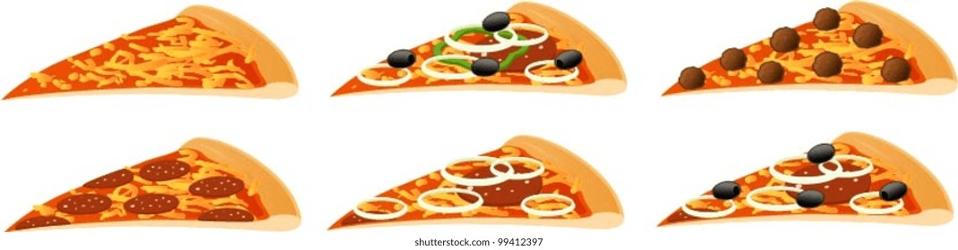 Vector illustration of 6 different pizza slices.