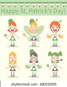 Vector illustration: 6 flat design icons for Saint Patrick's Day. Blonde fairy with wings, girls in national costumes with different hair color, with green hat,  different emotions and beer mugs.