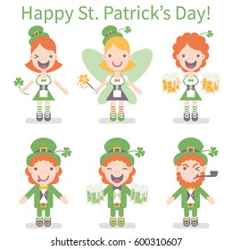 Vector illustration: 6 flat design icons for Saint Patrick's Day. Fairy girls, Leprechaun character with different age, with green hat,  different emotions, beer and smoking pipe 