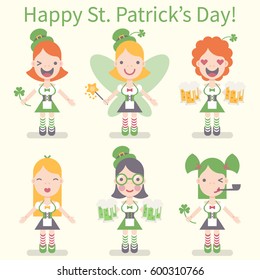 Vector illustration: 6 flat design icons for Saint Patrick's Day. Blonde fairy with wings, girls in national costumes with different hair color, with green hat,  different emotions and beer mugs.
