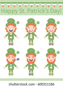 Vector illustration: 6 flat design icons for Saint Patrick's Day. Leprechaun character with different age, with green hat,  different emotions and smoking pipe 
