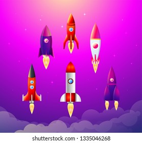 Vector illustration. 6 flat icons with varicolored rocket ships. Project start up and development process