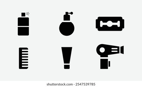 Ilustración vectorial de 6 iconos. Peine editable, paquete de botella de líquido de mano, ballet, botella de crema, secador de pelo, botella de champú.