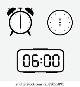 vector illustration of 6 o'clock, timer and 6 o'clock alarm