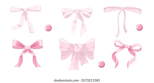 Vector Illustration of 6 pink girly vintage bow set. Bow for hair decor flat. Ribbons isolated. Trendy girls accessories. Cute hairstyle elements collection