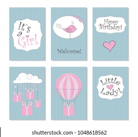 Vector Illustration.Set of 6 printable cards. Perfect to newborn Birthday cards, postcards, stickers, labels, banners, posters and other things in  blue,pink  and white  colors. Its a girl.Little lady