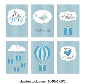 Vector Illustration.Set of 6 printable cards. Perfect to newborn Birthday cards, postcards, stickers, labels, banners, posters and other things in  blue and white  colors. Its a boy. Brave heart.