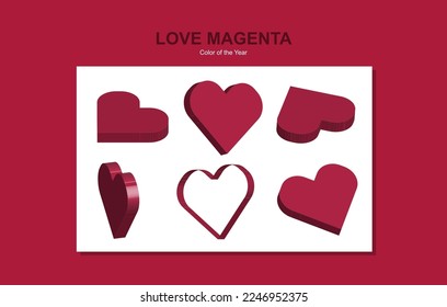 Vector Illustration 6 Red Hearts MAGENTA rotate differently.