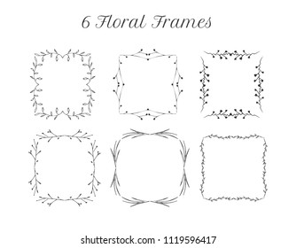 Vector illustration of 6 square vintage empty tender floral frames. Vintage hand drawn engraving monochrome style. Wedding decorative elements.