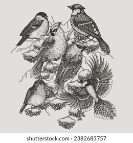 Vector illustration of 6 winter birds on a rowan branch. Waxwing, robin, bullfinch and blue jay in engraving style