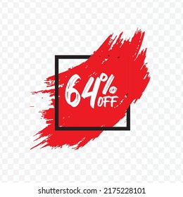Vector illustration of 64 % OFF discount tag with brush effect on red color and transparent background (PNG).
