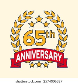 Vector illustration of 65th or 65 years anniversary logo featuring a laurel wreath, stars, and ribbon. Perfect for marking milestones, achievements, special events with an elegant and timeless design