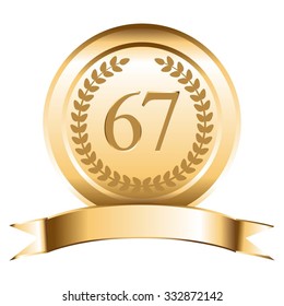 Vector illustration of 67 th anniversary. Gold laurel wreath and ribbon.