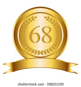 Vector illustration of 68 th anniversary. Gold award. Gold ribbon and laurel wreath on a white background.