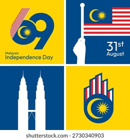 Ilustración vectorial de 69 años Día de la Independencia de Malasia, 31 de agosto. Malasia Anuncio de día y diseño de póster para medios sociales y medios impresos