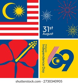 Ilustración vectorial de 69 años Día de la Independencia de Malasia, 31 de agosto. Malasia Anuncio de día y diseño de póster para medios sociales y medios impresos