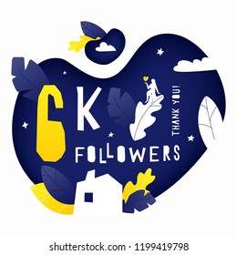 Vector illustration of 6k subscribers celebration banner with house, leaves and woman silhouettes. Hand drawing lettering composition for thanks design template.
