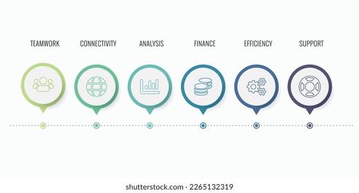 Vector Illustration of a 6-step flow chart. Business Analytics. Data Visualisation. Elements of Business 6-step infographic diagram.Perfect for ppt templates, business reports, data analytics. EPS-10
