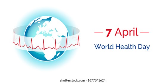 Ilustración vectorial para el 7 de abril, Día Mundial de la Salud con la Tierra en colores azul y blanco y cardiograma normal con fondo blanco para ser utilizado como afiche, sitio web, pancarta