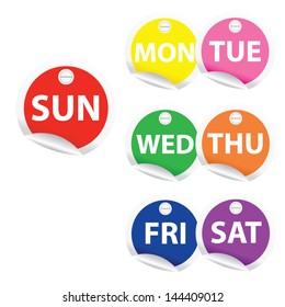 Vector illustration. 7 days of week from Monday to Sunday colorful stickers.