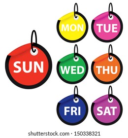 Vector illustration. 7 days of week from Monday to Sunday colorful tags. 