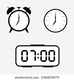 vector illustration of 7 o'clock, timer and 7 o'clock alarm