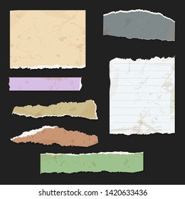 Vector illustration of 7 old torn note papers. Multicolor set of various ripped paper sheets with shadows on dark back. Fully editable design elements collection for your different projects. Eps 10.
