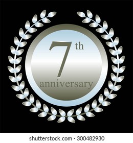 Vector illustration of 7 th anniversary. Silver laurel wreath on a black background.