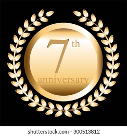 Vector illustration of 7 th anniversary. Gold laurel wreath on a black background.