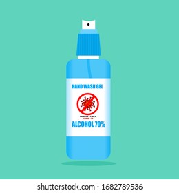 Vector Illustration Of A 70% Blue Handwashing Bottle For Cleaning Hands And Killing Germs, Bacteria, Viruses. CORONA, COVID-19 Has Both Squeezed And Sprayed Forms For Spraying On A Green Background.