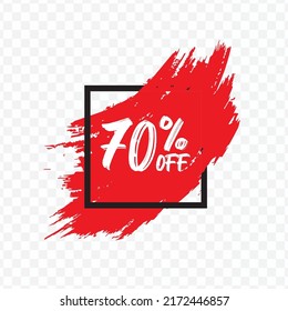Vector illustration of 70 % Off discount tag with brush effect on red color and transparent background (PNG).