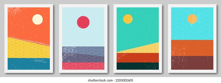 Vector illustration. 70s retro funky graphic. Set of minimalist landscape. Grunge texture.