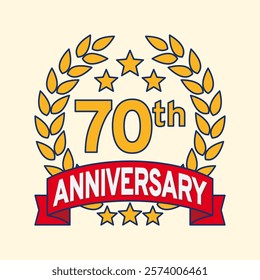 Vector illustration of 70th or 70 years anniversary logo featuring a laurel wreath, stars, and ribbon. Perfect for marking milestones, achievements, special events with an elegant and timeless design