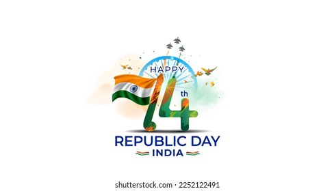 Vector illustration for 74 Republic day of India. Happy 74th Republic day India text with Indian tricolor flag and Fighter jet parade.