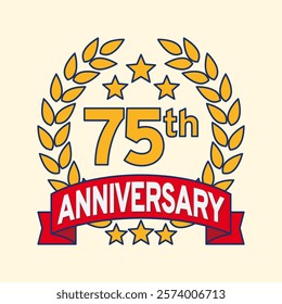 Vector illustration of 75th or 75 years anniversary logo featuring a laurel wreath, stars, and ribbon. Perfect for marking milestones, achievements, special events with an elegant and timeless design