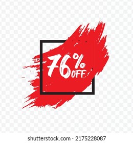 Vector illustration of 76 % OFF discount tag with brush effect on red color and transparent background (PNG).