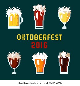 Vector illustration 8 bit cartoon pixel art set of beer goblets with lettering Oktoberfest 2016 isolated on green background / vector eps 10