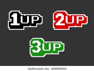 Ilustración vectorial de activos de juego de 8 bits. Imágenes de píxeles de vida extra, 1up, 2up y 3up en el juego.