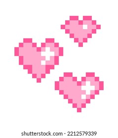 Vector illustration of 8 bit pixel heart. three pink hearts on white background.